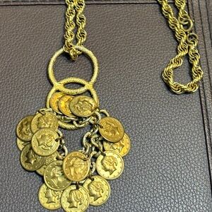 Vintage Necklace Rope Chain & Coin Pendant Multiple Gold Coins